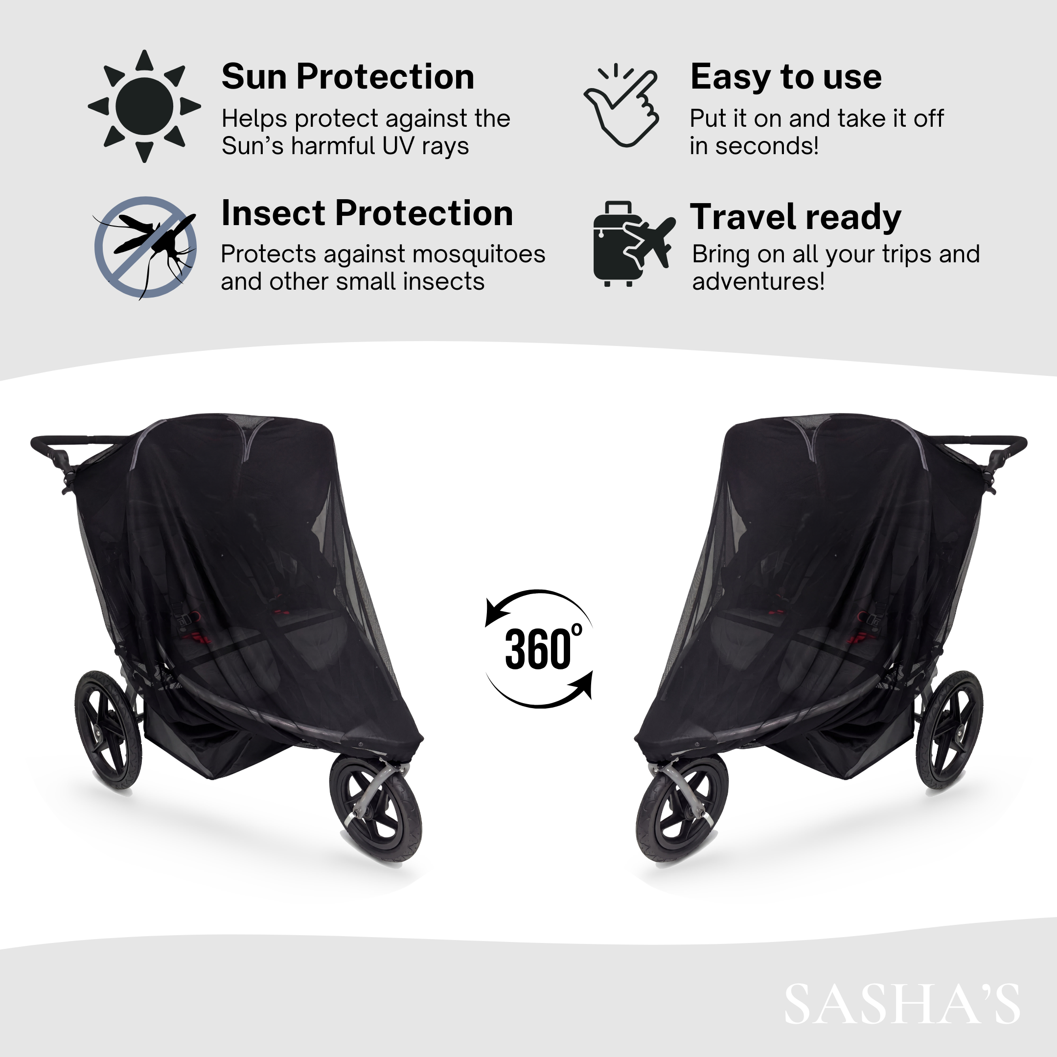 SASHA'S sun shade and insect cover for BOB Duallie Double Stroller