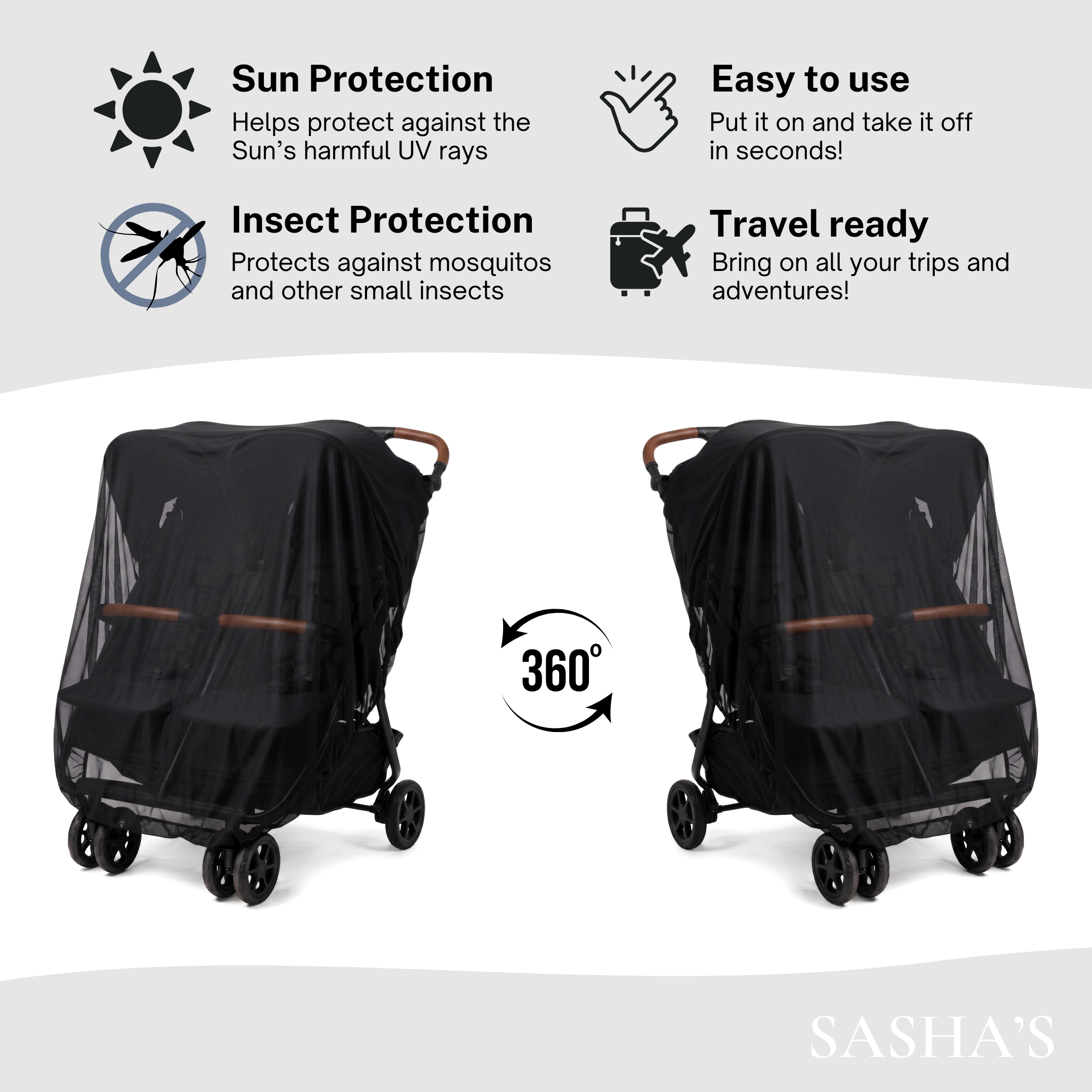 SASHA'S sun shade and insect cover for Zoe Twin Double Stroller