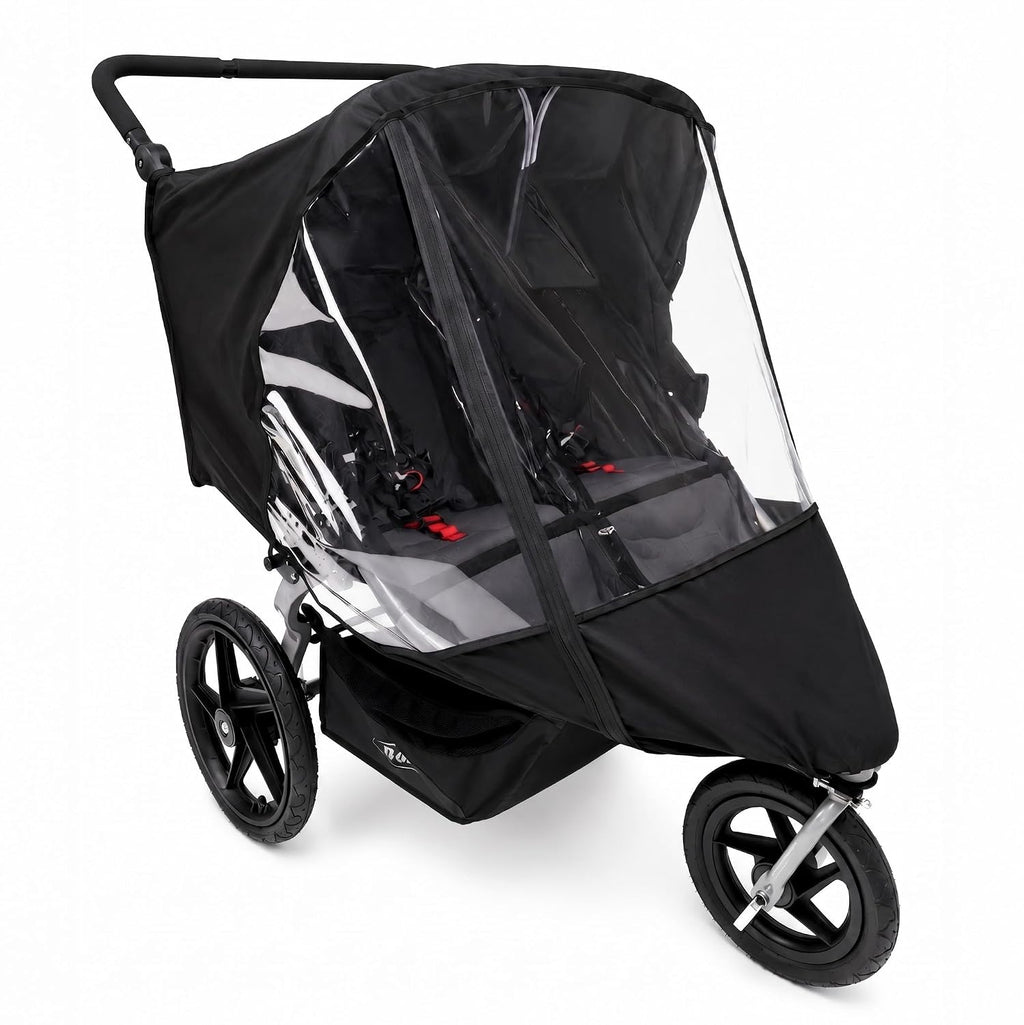 SASHA'S black nylon rain cover on a BOB Gear Duallie double jogging stroller