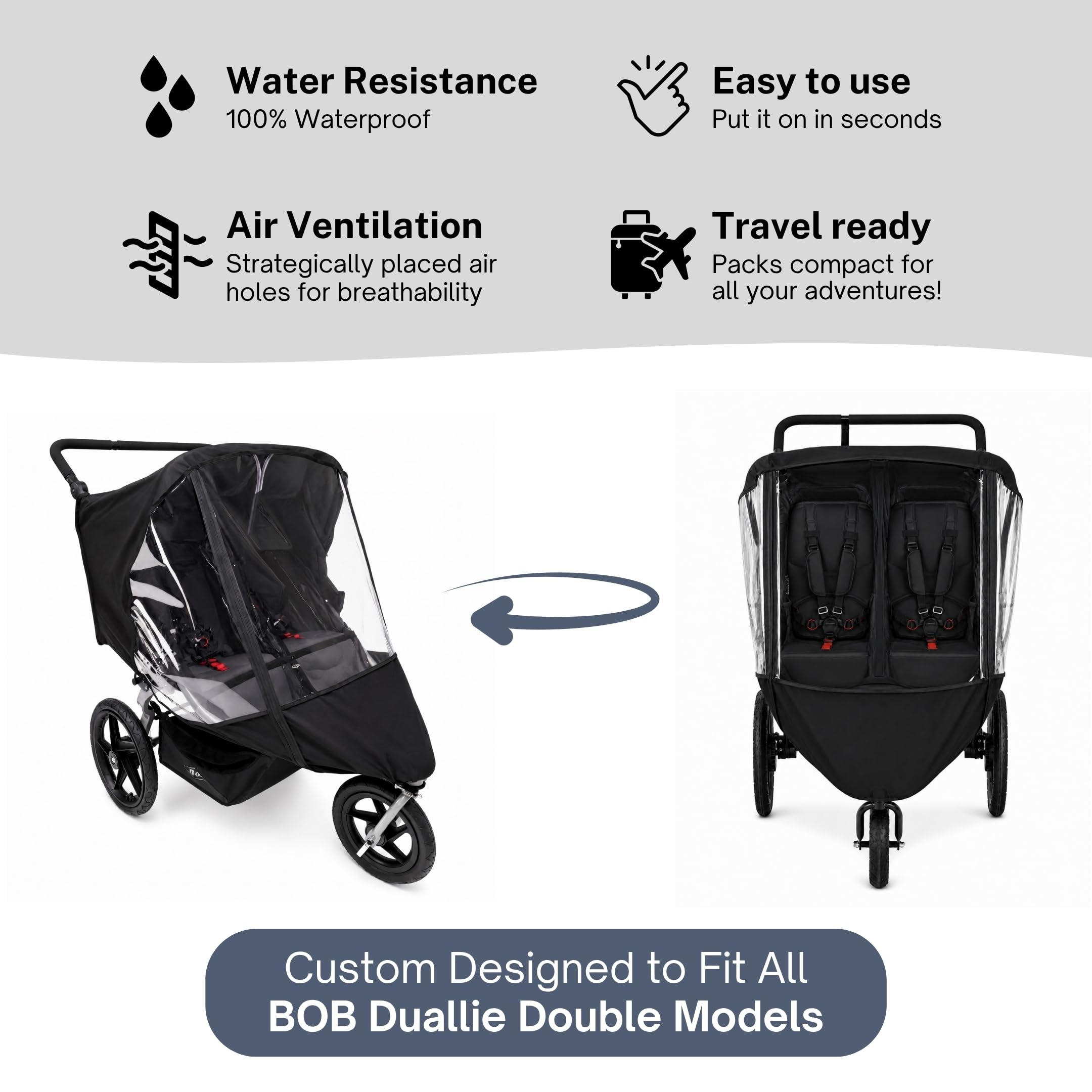 Rain cover for BOB Gear Duallie double jogging strollers – waterproof, ventilated, travel ready
