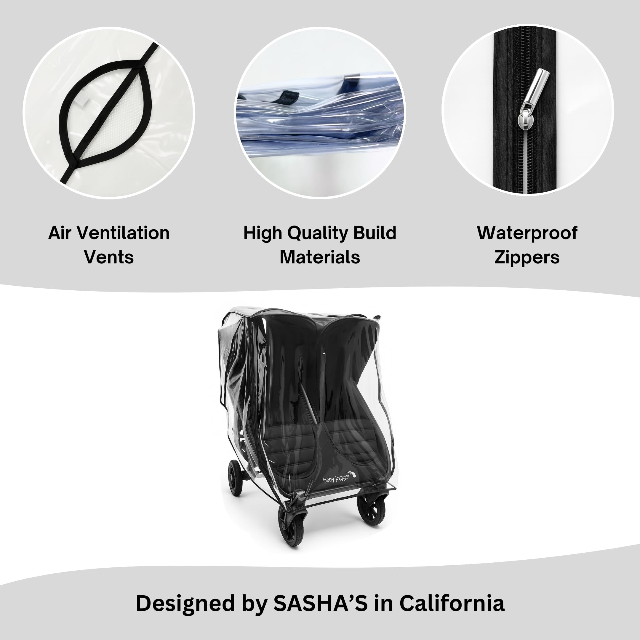 SASHA'S Double Rain and Wind Cover for Baby Jogger Mini GT2 All-Terrain Double Stroller, Zipper Access, Maximum Coverage, Weather Shield (Jogger not Included)