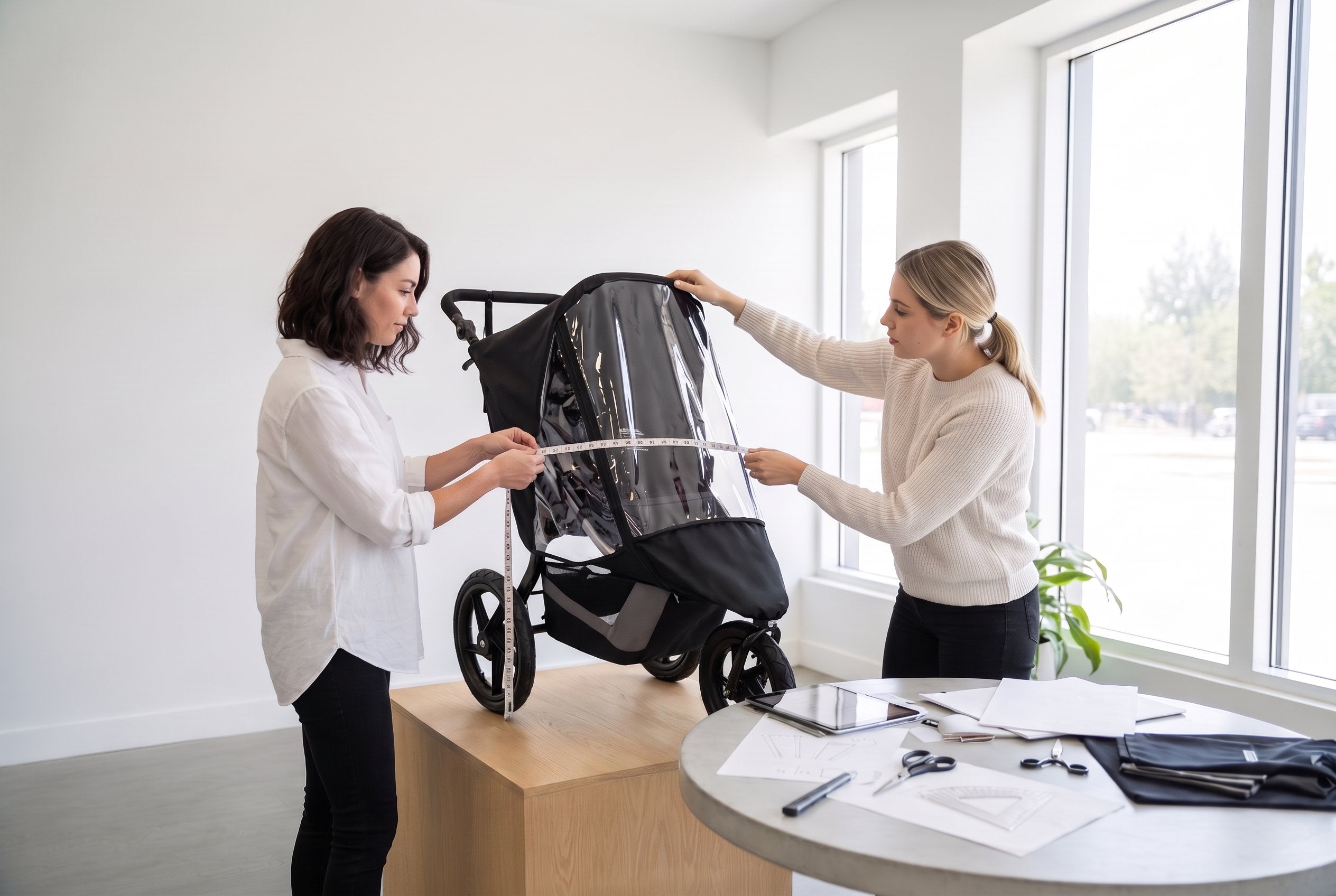 Two designers measuring a rain cover on a jogging stroller