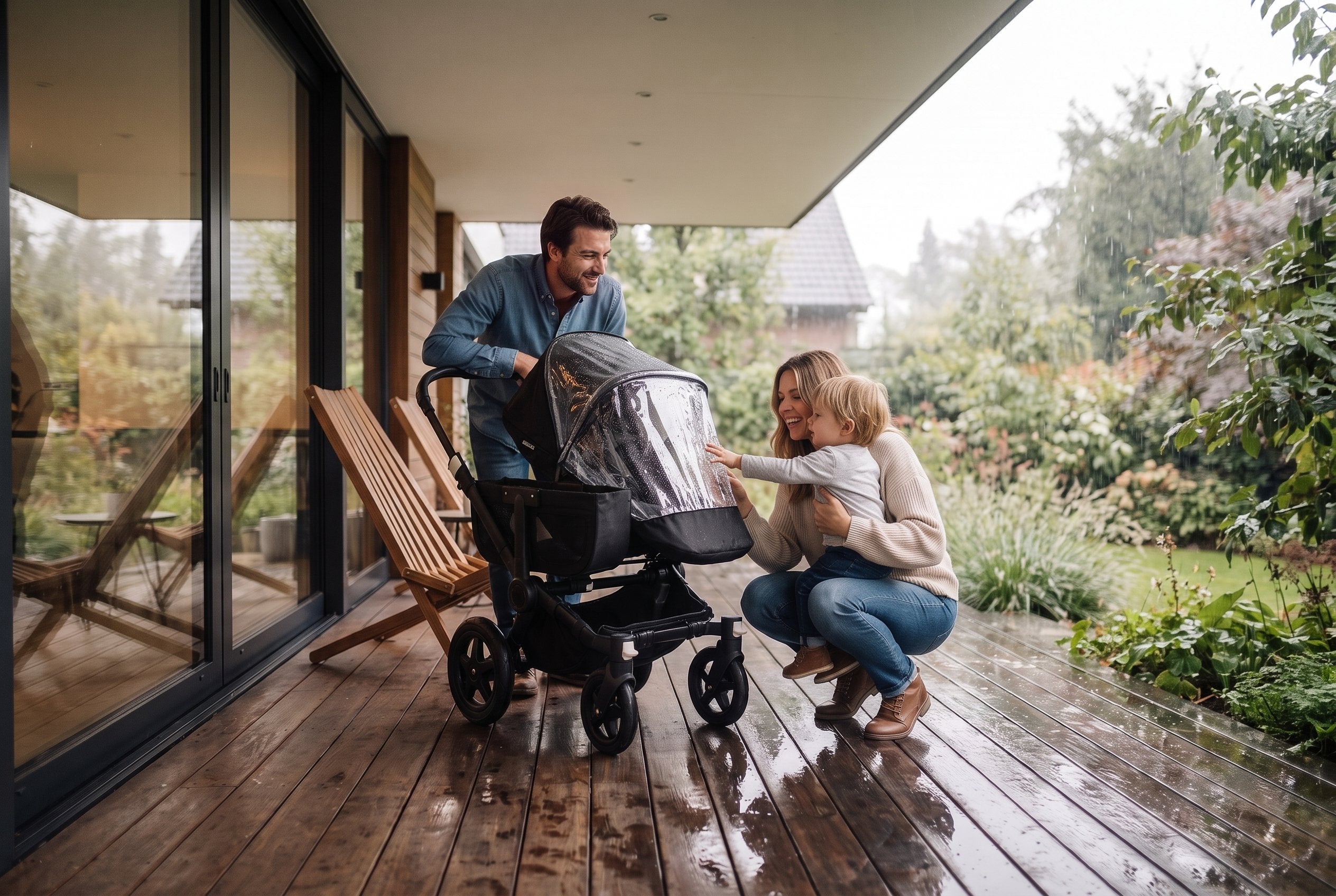 Toddler touching the rain cover on a Bugaboo stroller on a rainy deck
