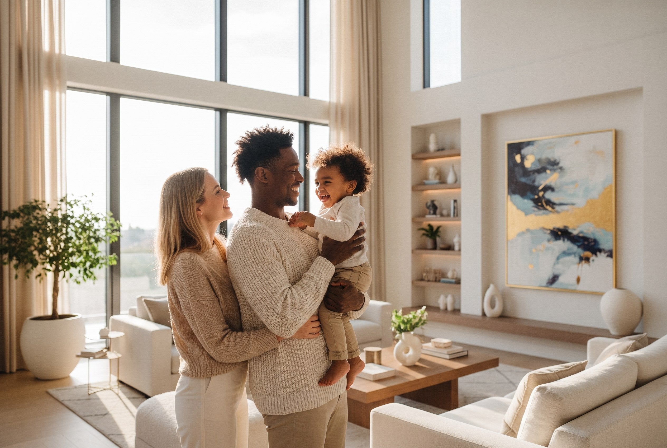 Father lifting his laughing toddler at home