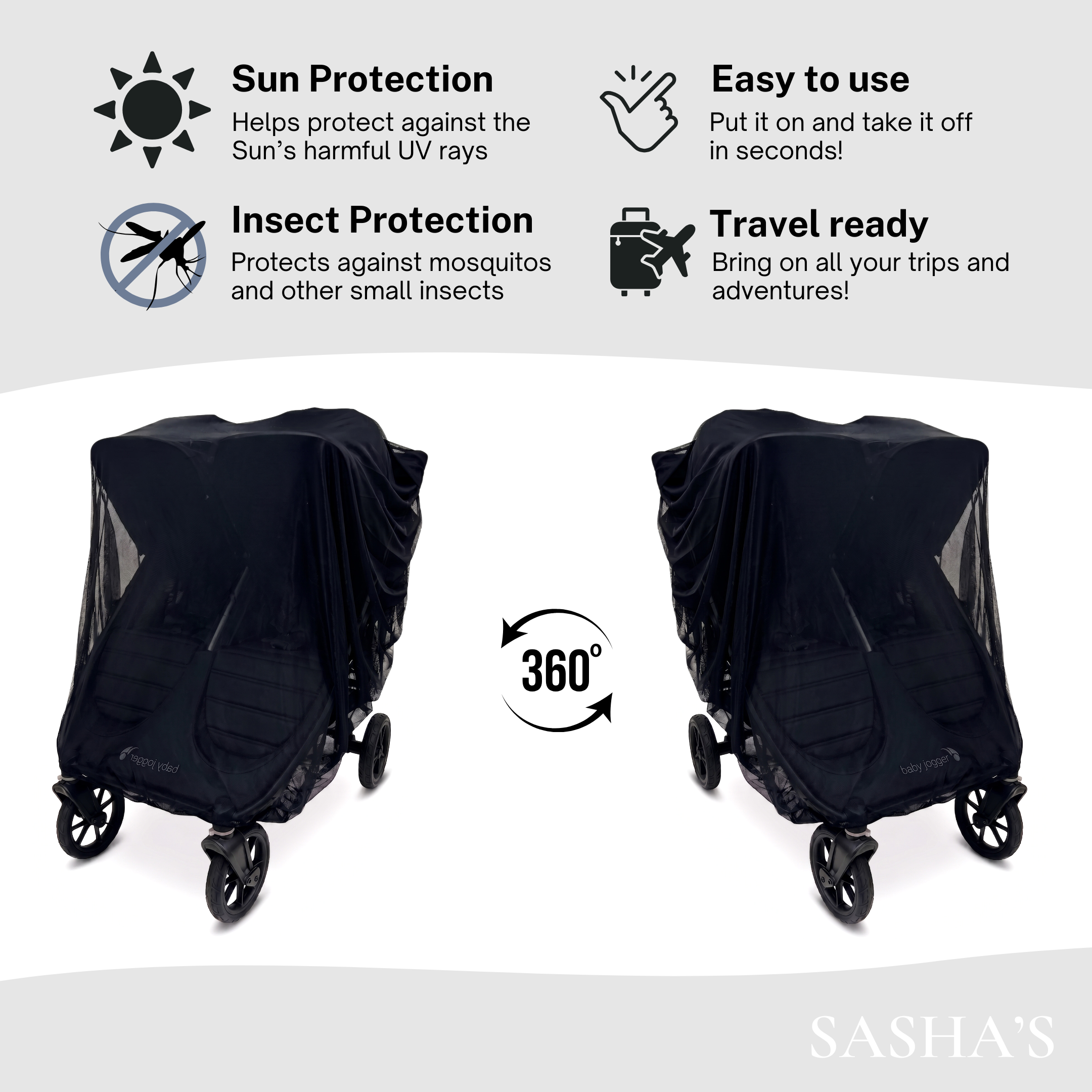 SASHA'S sun shade and insect cover for Baby Jogger City Mini GT2 Double