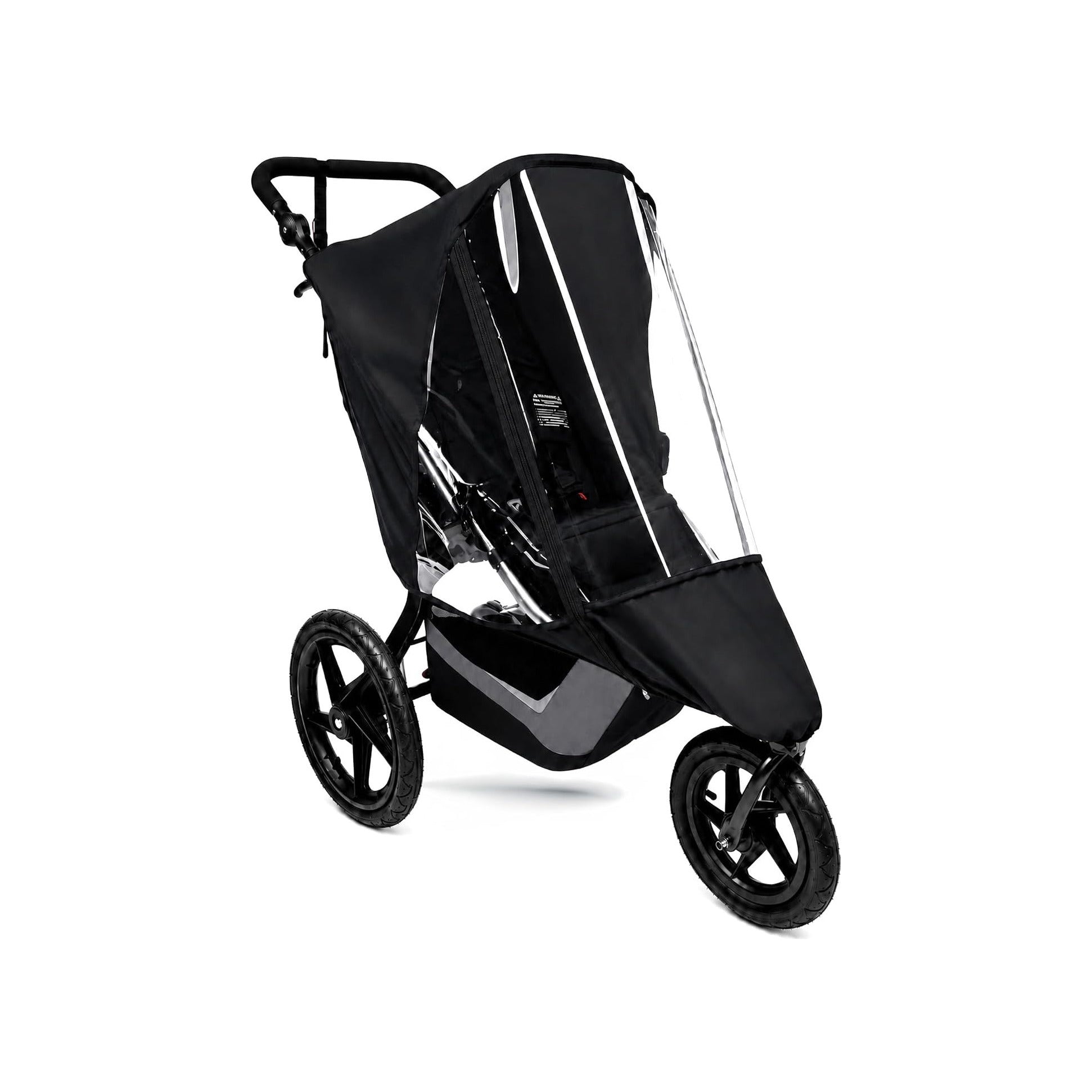 SASHA'S black nylon rain cover on a BOB Gear single jogging stroller