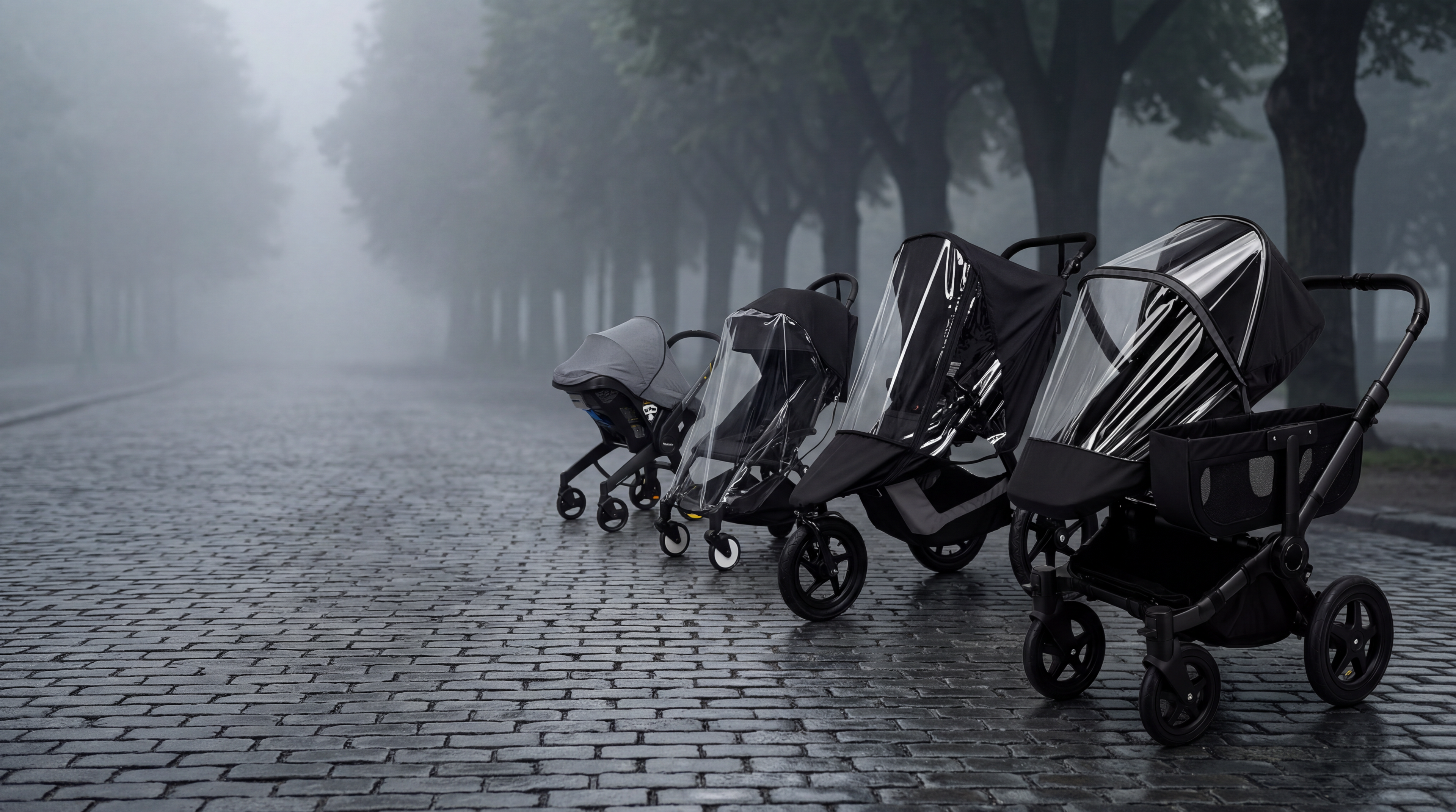 Four strollers with SASHA'S rain covers and sunshade lined up on a misty park promenade