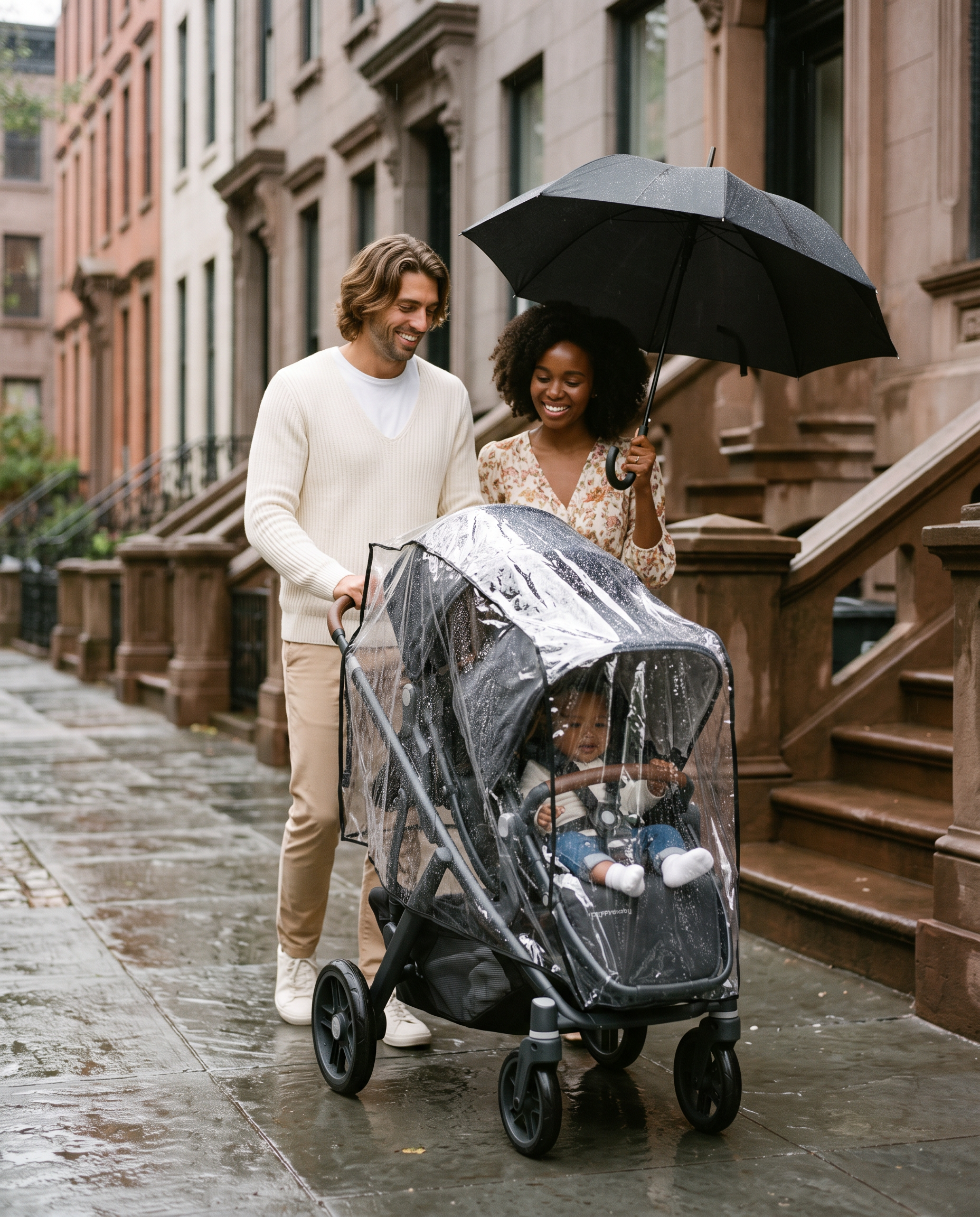 Family under an umbrella on a rainy brownstone street with their stroller protected by a SASHA'S clear rain cover