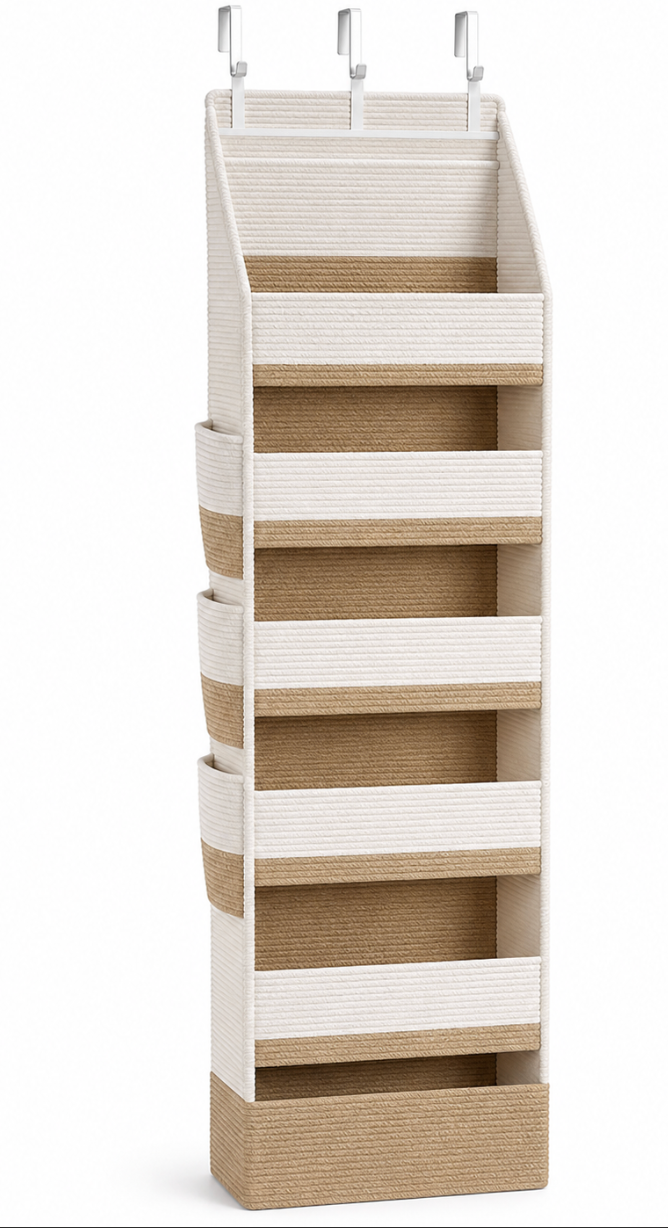 SASHA'S cream and tan over-door hanging organizer with five pockets