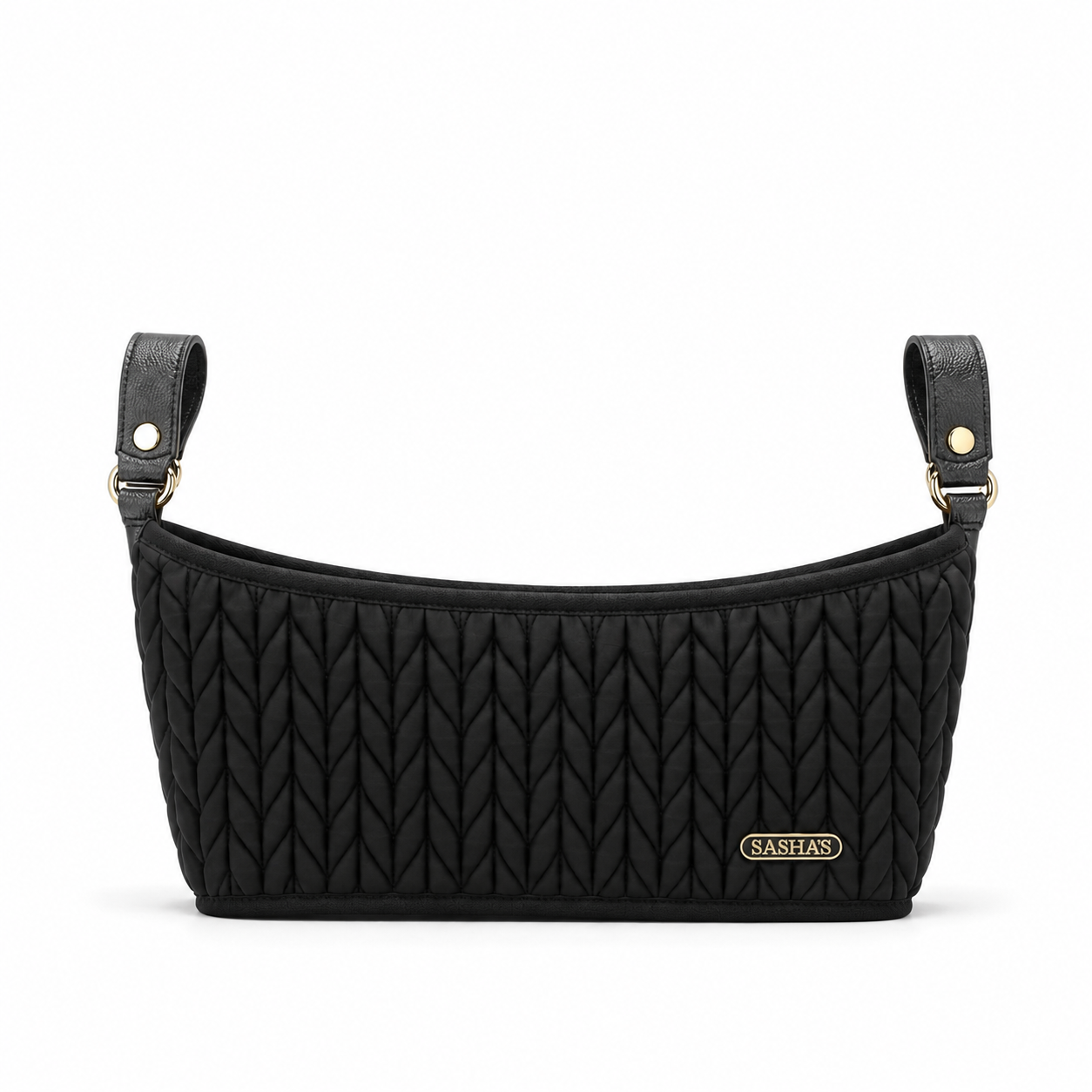 SASHA'S quilted black stroller organizer with leatherette handlebar straps